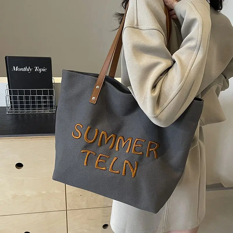 Canvas Class Commuter Bag Women's Large Capacity 2024 New Autumn and Winter Casual All-in-one Single-shoulder College Tote Bag