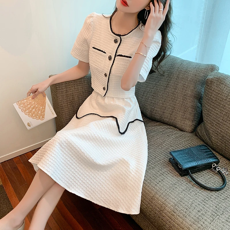 Spring Summer Chic Two Piece Sets Women Puff Sleeve Tops+High Waist Big Swing Skirt Outfits Femme Temperament White Black Suit