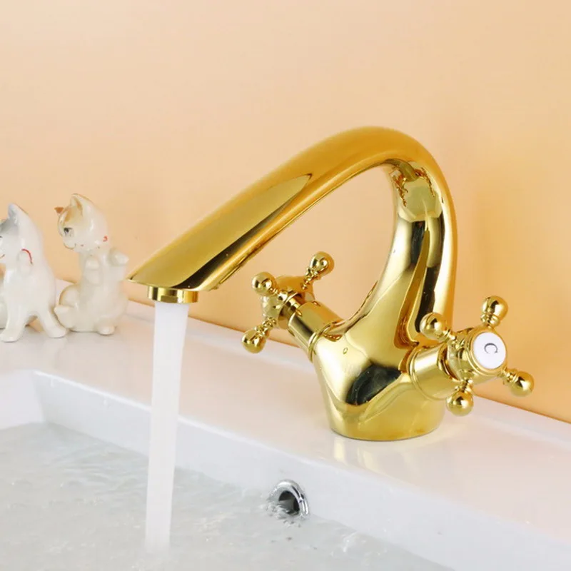 

Luxury Gold Brass Bathroom sink faucet One Hole Dual Handle Lavabo Faucet High Quality Modern Golden Hot Cold Water Bain faucet