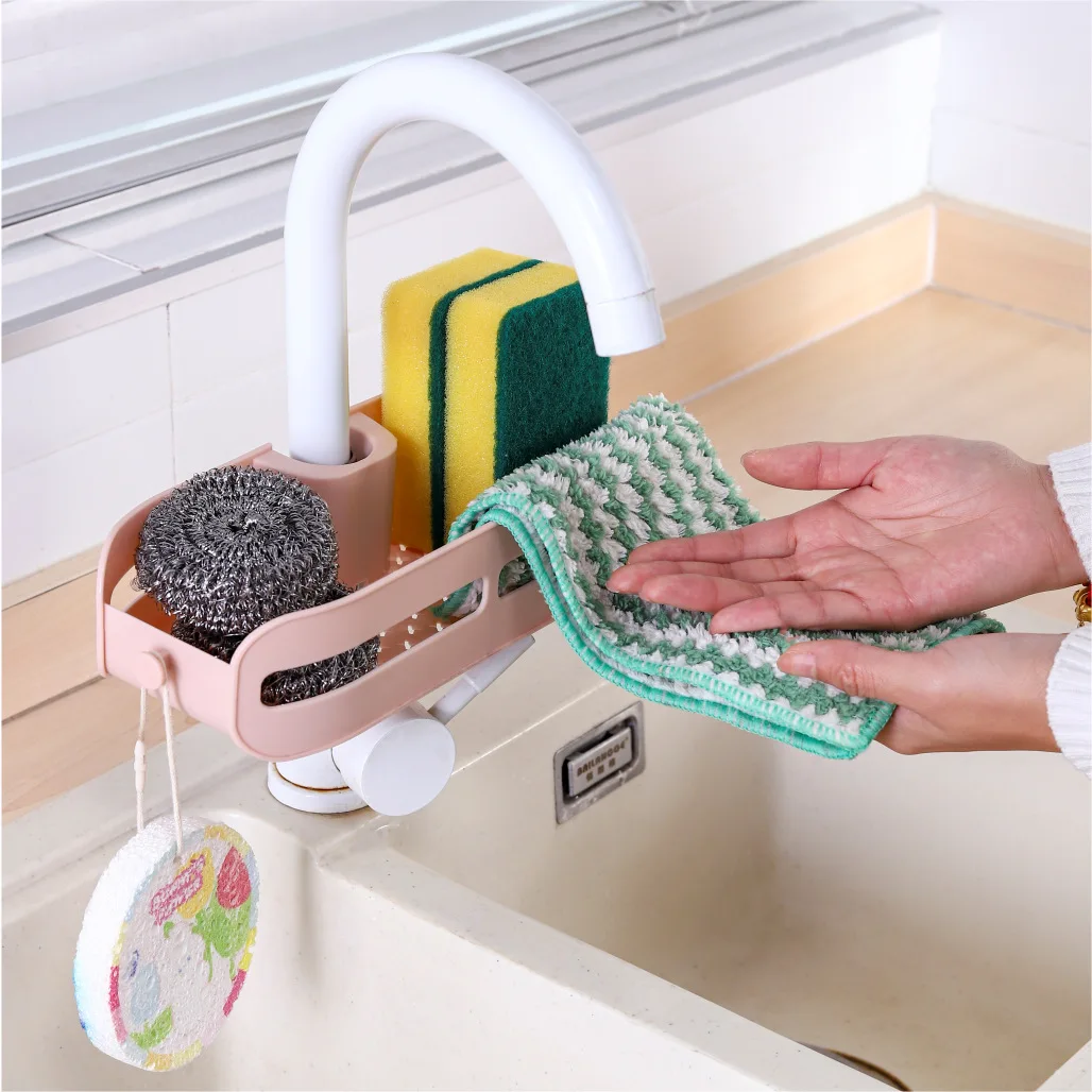 

1PC Sink Rack Useful Easy To Install Bright Color Kitchen Faucet Hanging Sponge Rack With Storage Hook Daily Use Storage Rack