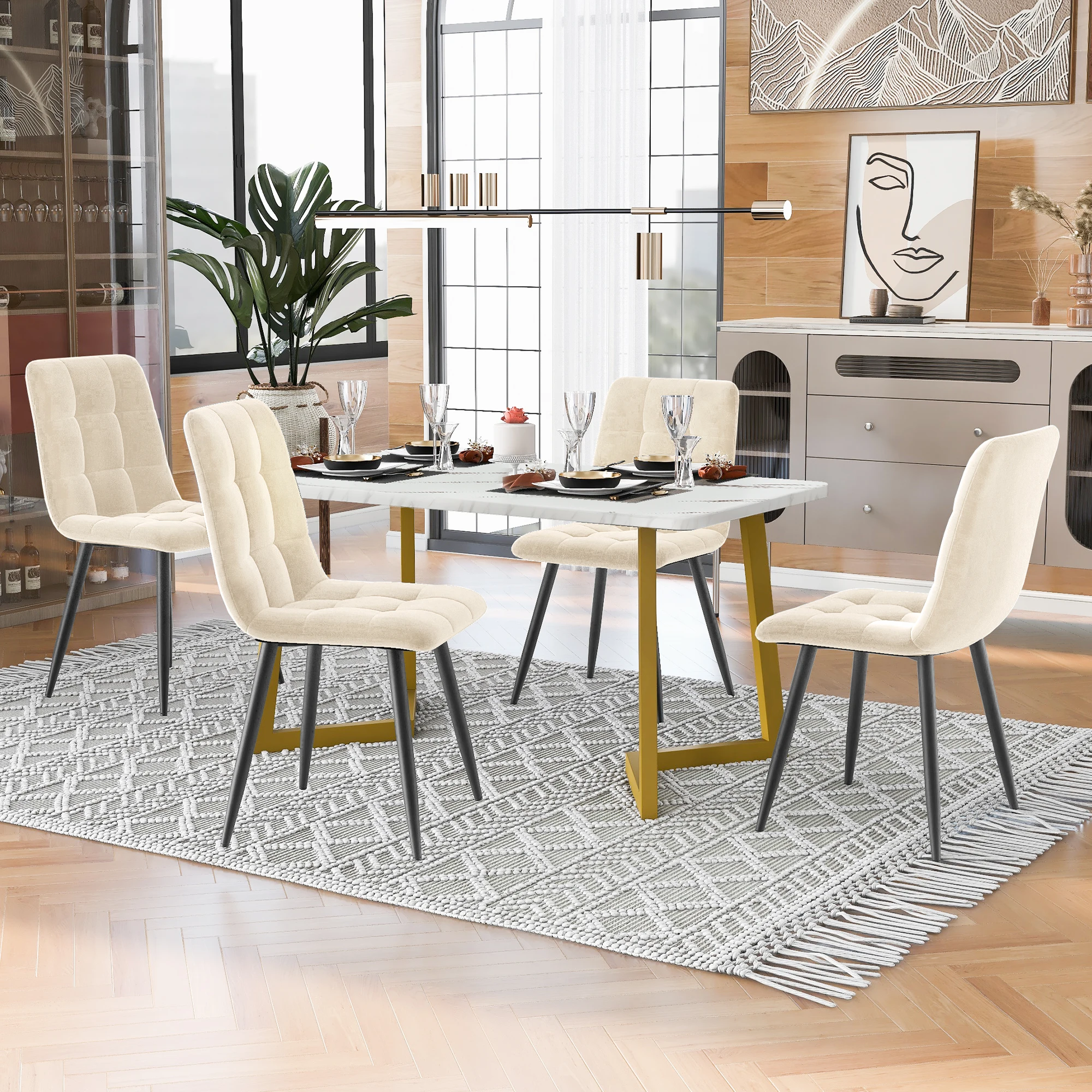 VSOGA 117cm dining table with 4 chairs, rectangular dining table, modern kitchen table set, beige velvet dining chairs, golden table legs