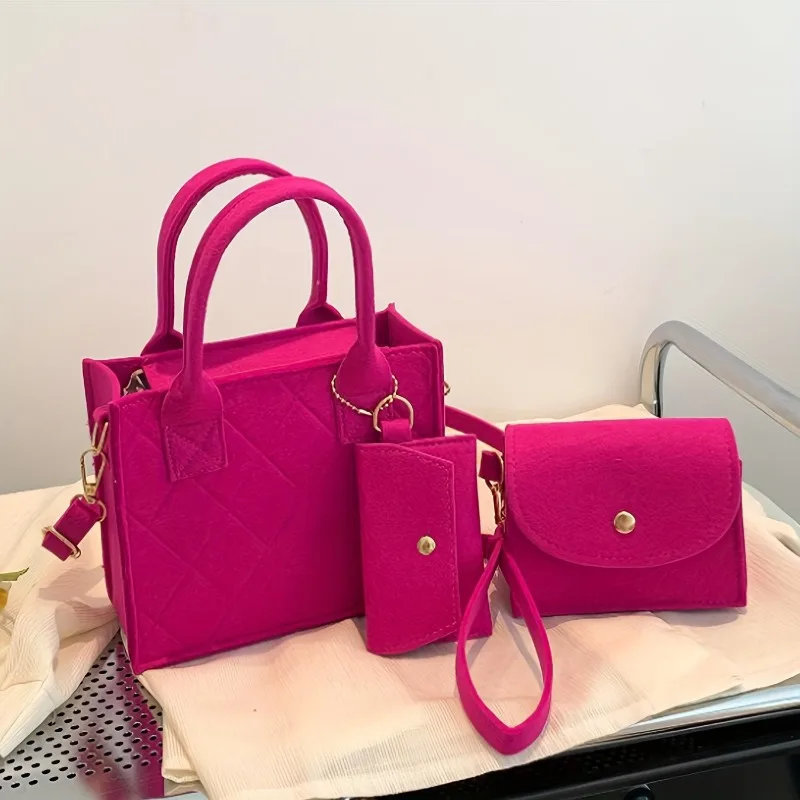 3pcs/set Embossed Women's Handbag Stylish Crossbody Bag Clutch and Wallet, Solid Color Square Shoulder Bag, Fabric for Daily Use