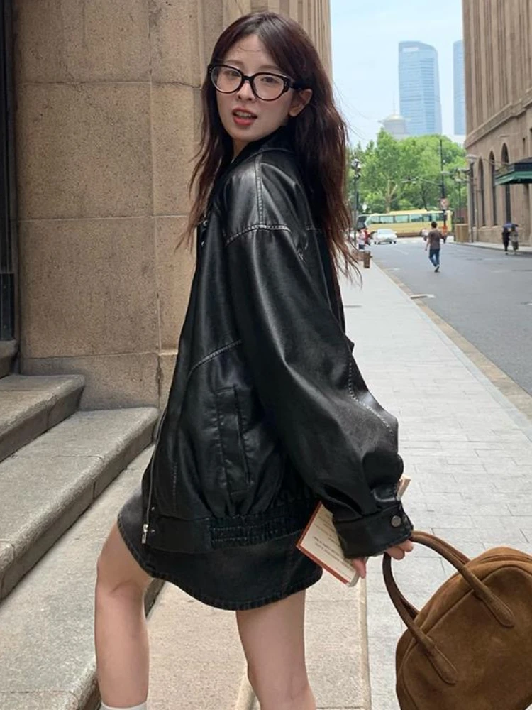 Vintage Short Leather Moto Jacket Winter Warm Women Loose Leather Suit Blazers Streetwear Female Fashion Korean Thin Biker Coats