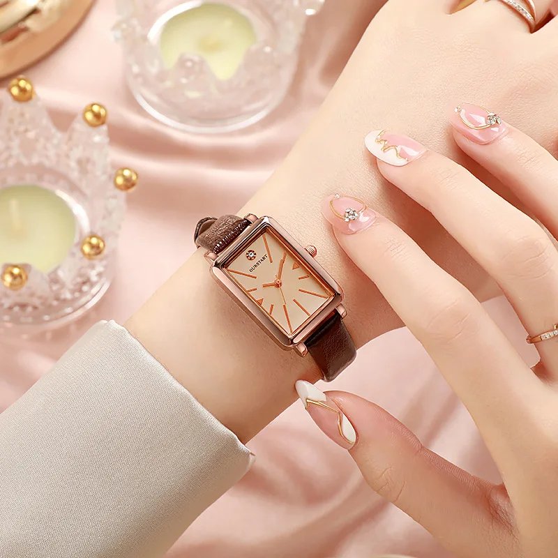 Luxury Vintage Women's Square Quartz Watch with Sparkling Diamonds Decorated Green Dial Soft Leather Strap Elegant Ladies Watch