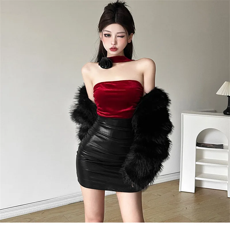 Mini vestido de fiesta de retazos de cuero PU con cuello Halter Sexy sin tirantes para niña pequeña, vestido de tubo con contraste de Color a la moda de verano 2025