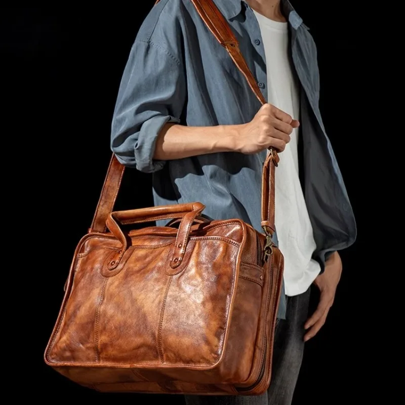 Borse da lavoro casual fatte a mano in pelle di vacchetta da uomo Valigette in vera pelle Borsa per computer a tracolla con tracolla orizzontale