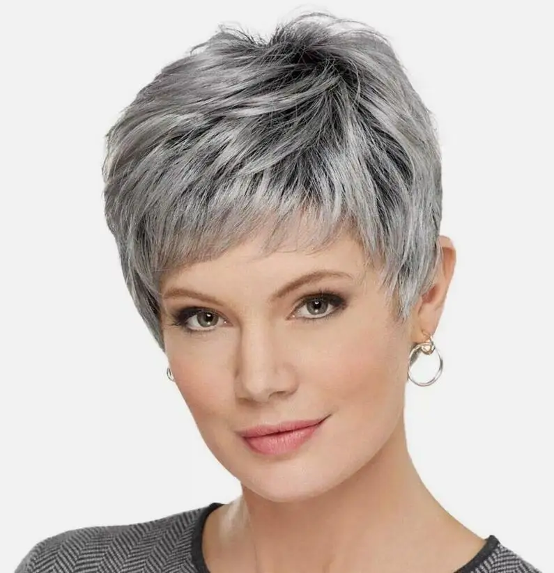 Short Layered  Cut Dark Roots Gray Synthetic Hair Wigs For Women Natural