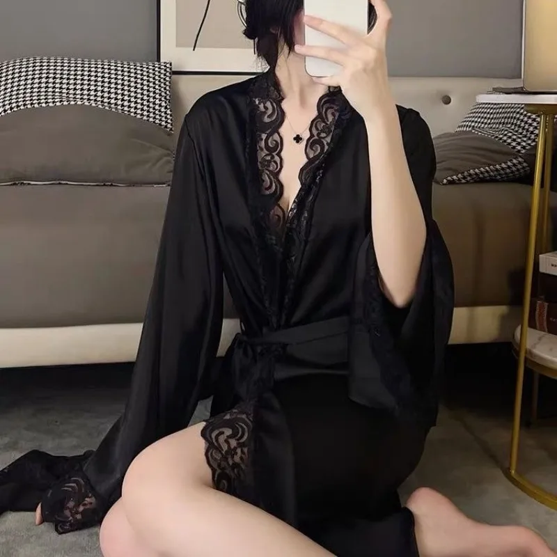 Women Sexy Lace Satin Long Kimono Bathrobe V-neck Flare Sleeve Belted Split Side Nightgown Wedding Bride Morning Robe