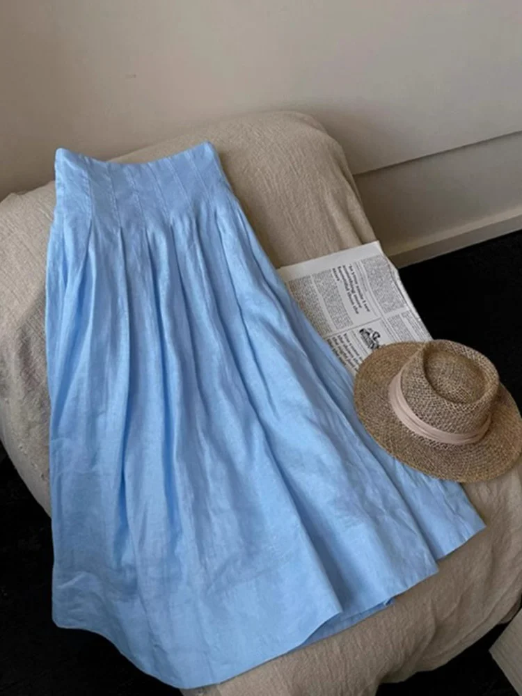 

Удобная льняная юбка трапециевидной формы с высокой талией, корейская женская юбка-миди цвета, новая летняя праздничная плиссированная юбка