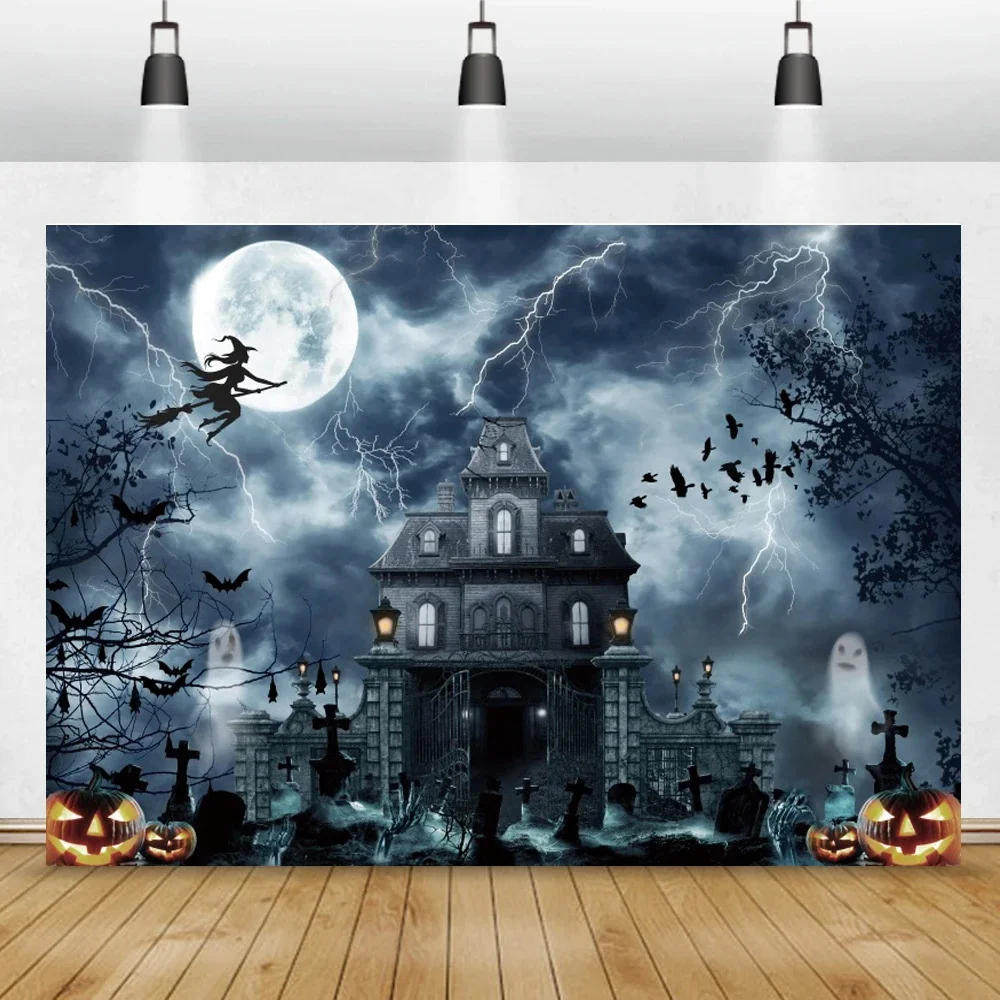 Halloween Backdrops For Photography Tomb Castle Witch Bat Terrible Night Pumpkin Lantern Baby Portrait Backgrounds Photocall