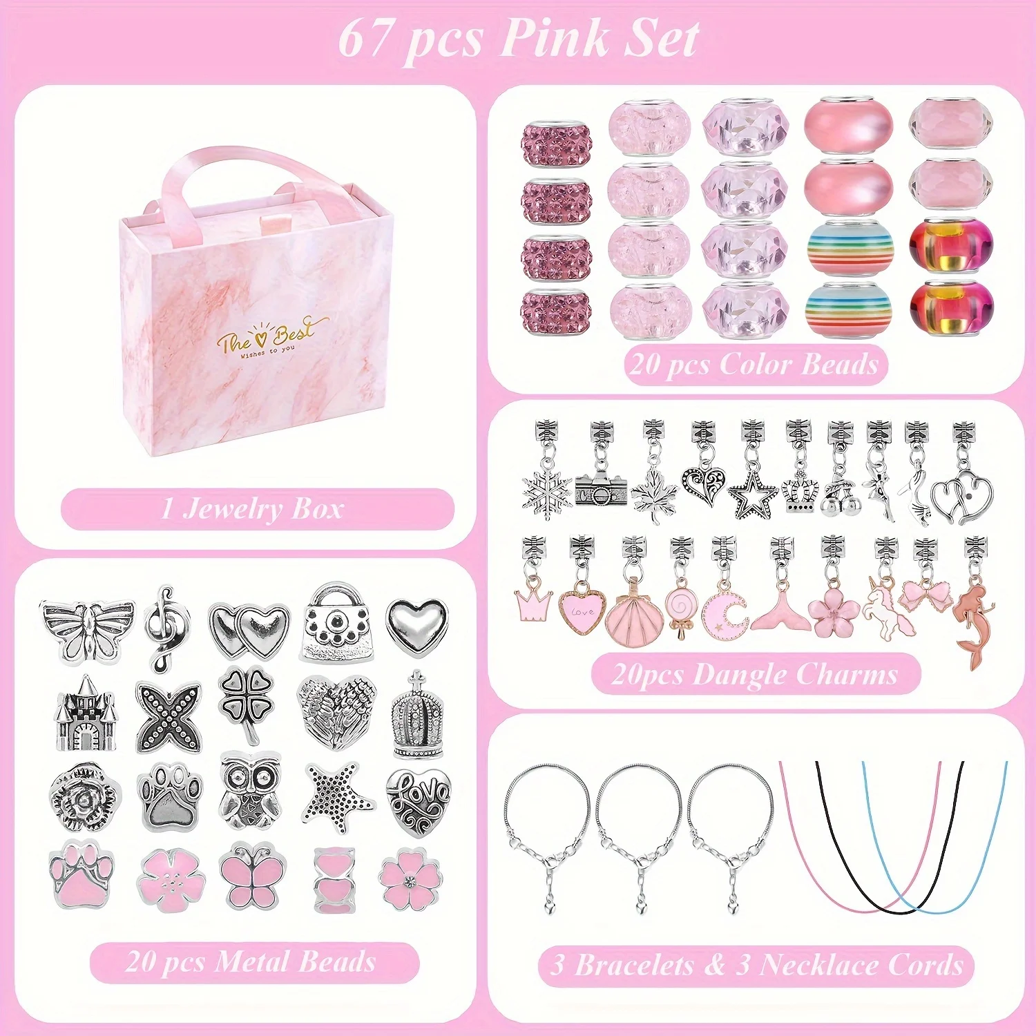 67pcs Pink Jewelry Making Kits -Charm Bracelet Making Kit with 60 Charms Beads, 3 Bracelet Chains and 3 Necklace Cords