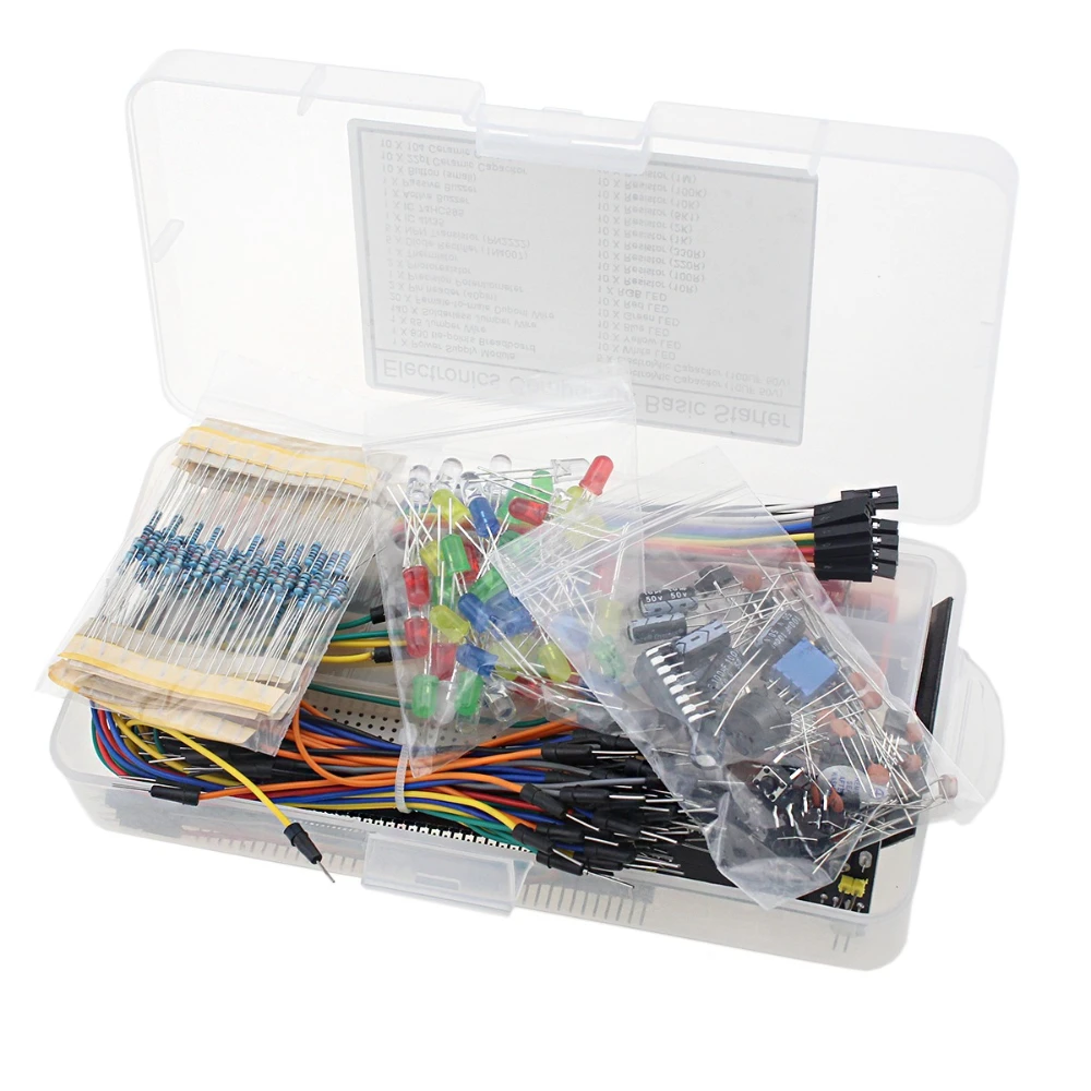 Componentes electrónicos Resistencia de condensador electrolítico LED Kit de placa de pruebas de 830 orificios para paquete de componentes UNO R3 Inicio para principiantes