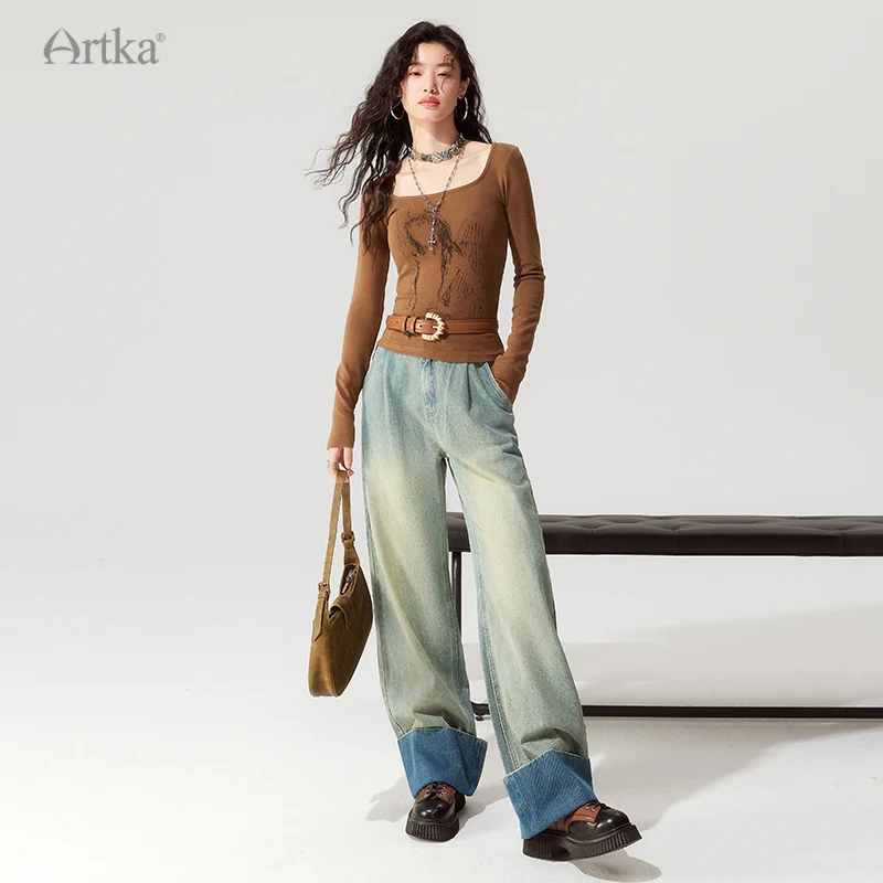 ARTKA 2023 Autumn New Women Jeans Fashion Vintage High Waist Washed Jeans Loose Straight Wide Leg Edge Curl Denim Pants KN92332Q