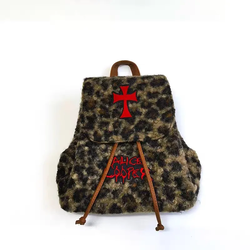 

Retro Gothic Embroidery Cross Letter Backpack Women Lambswool Large Capacity Bag Hot Girl Rock Leopard Print Mochilas Mujer 2025
