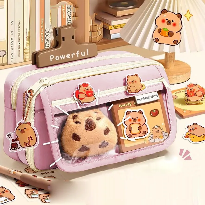 Large Capacity Pencil Bag Capybara Cartoon Stationery Holder Bag With Brooches Stickers Clips Keychains Children Pen Case