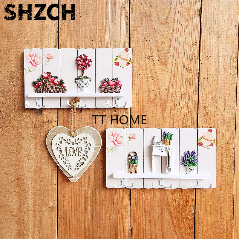 European Pastoral Wooden Hook Farmhouse Three-dimensional Key hooks Rack Wall Hanging Decoration Garden Kitchen Decorative Hooks