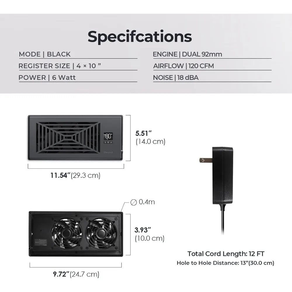 Ventola booster con registro silenzioso, ventola di ventilazione CA con riscaldamento intelligente a 10 velocità con telecomando e controllo del termostato - Nero