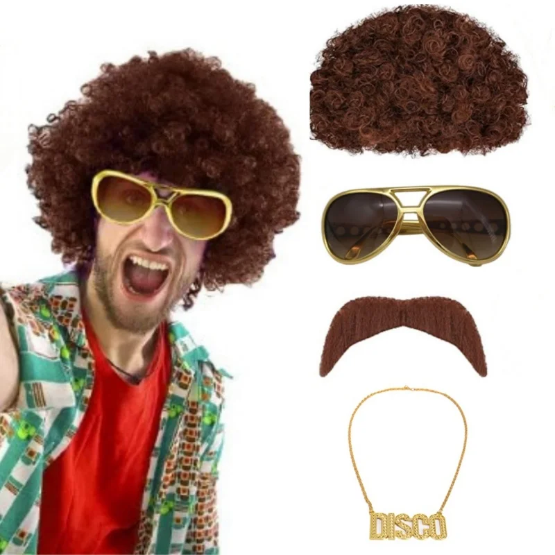 Erwachsene Hippie synthetische Perücke Hut Set lustige Disco Hippie Party Cosplay Dress Up Kostüm Requisiten Haar Sonnenbrille Halskette Schnurrbart 4PCS