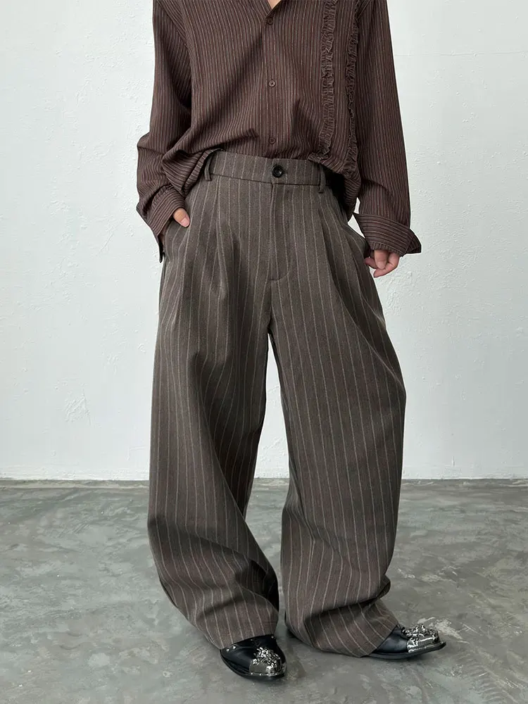 BKYC Retro Striped Texture Men's Casual Wide Leg Pants Women's Design Sensation Leisure Trousers Vintage Style Autumn Wear