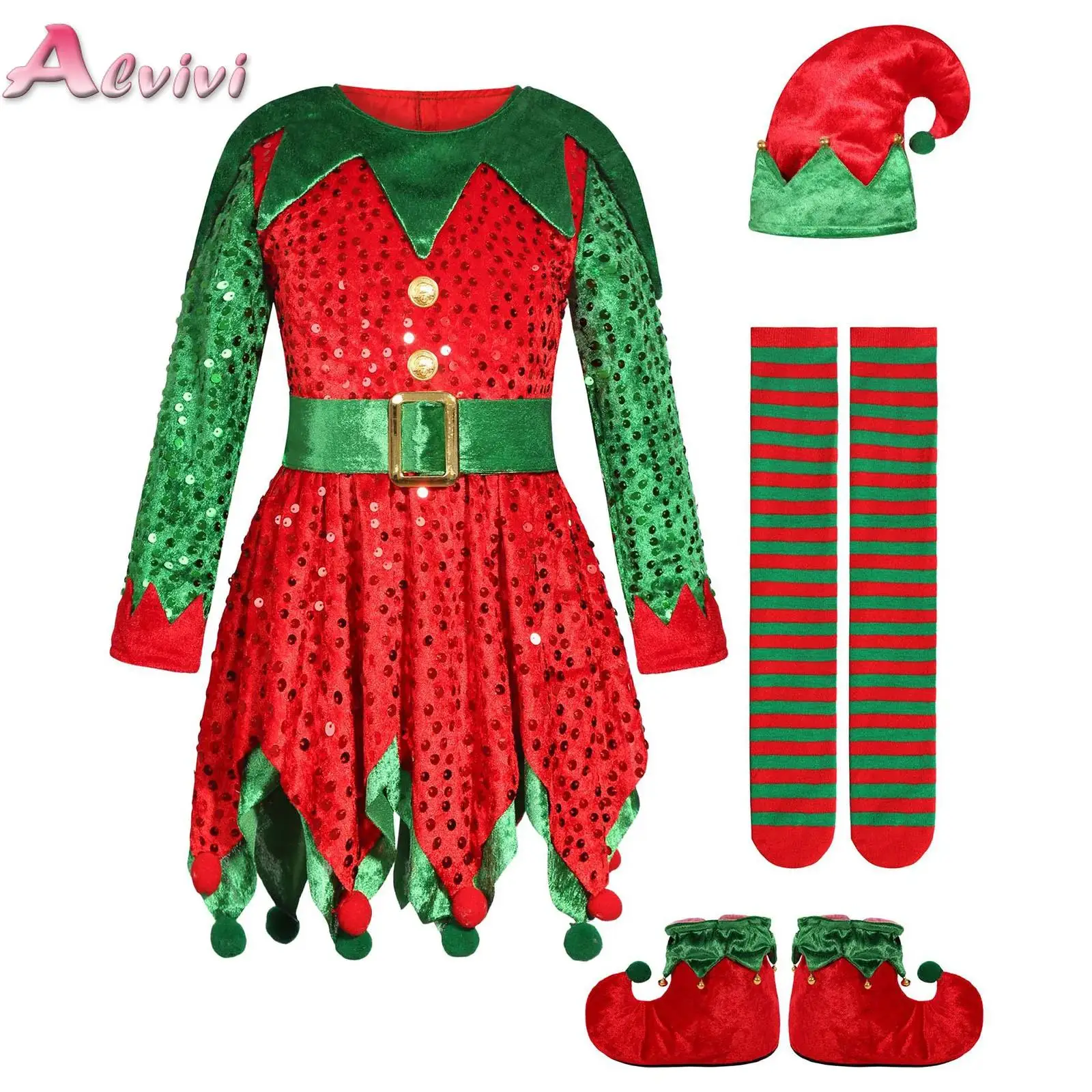 

Girls Christmas Elf Dress Costume Set Elf Cosplay Outfit Velvet Dress Elf Hat Belt Knee Socks Shoes Suit for Christmas Party