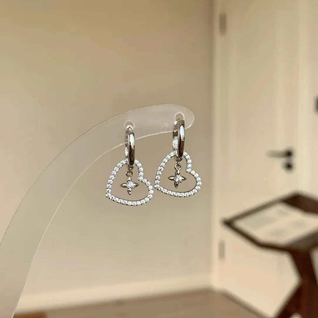 9999 gold summer Korean-style full-diamond cross-shaped heart-shaped earrings with ear clasps - elegant and sophisticated