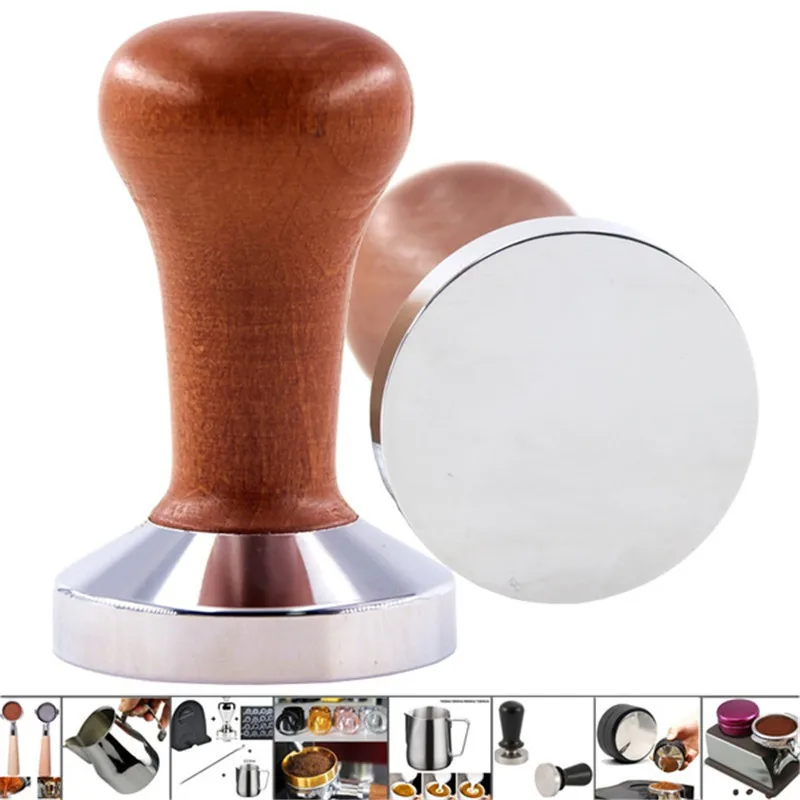 51mm/53mm/58mm Espresso Coffee Tamper Aluminum Coffee Distributor Leveler Tool Bean Press Hammer with Wooden Handle