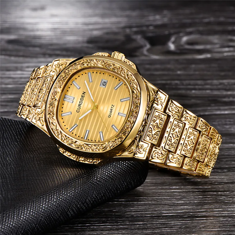 Male Genuine CURDDEN Brand Clock Fashion Alloy Band Unique Arabesque Hip Hop Golden Date Designer Watch Relojes Lujo Marcas Men