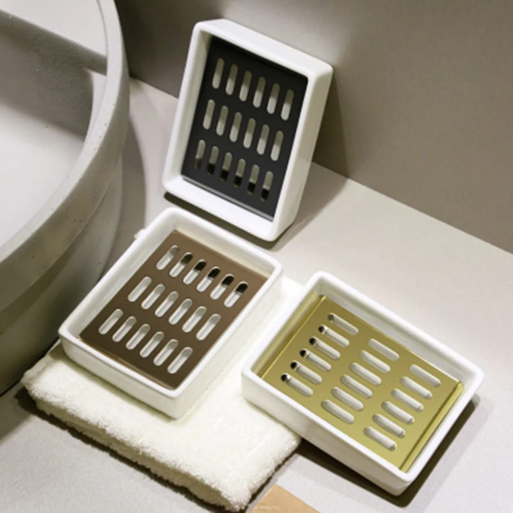 

1Pcs Soap Dish Double Layer Stainless Steel Ceramic Holder White Black Soap Rack Draining for Bathroom Kitchen Shower Use