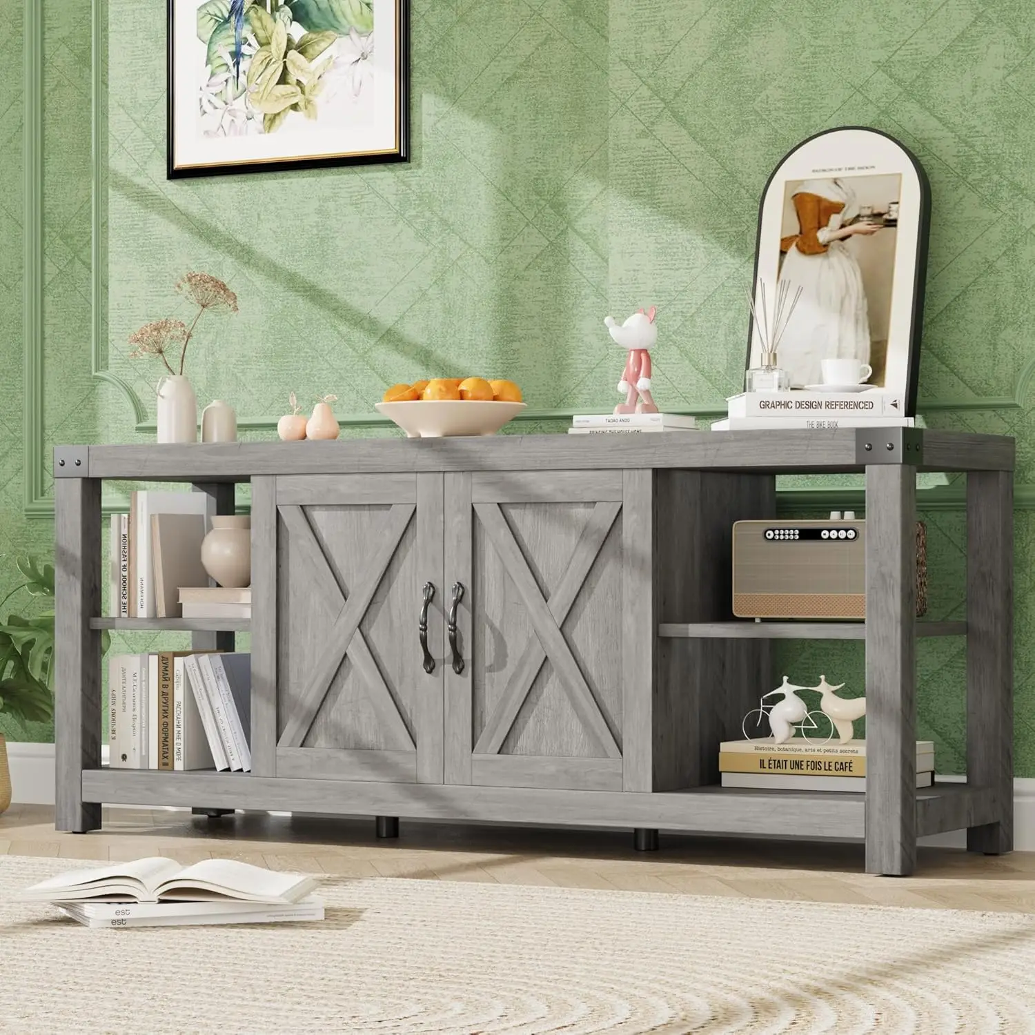 

60in Wooden TV Stand with Storage Shelves Doors, Farmhouse Media Console Cabinet for Living Room Bedroom, Customized
