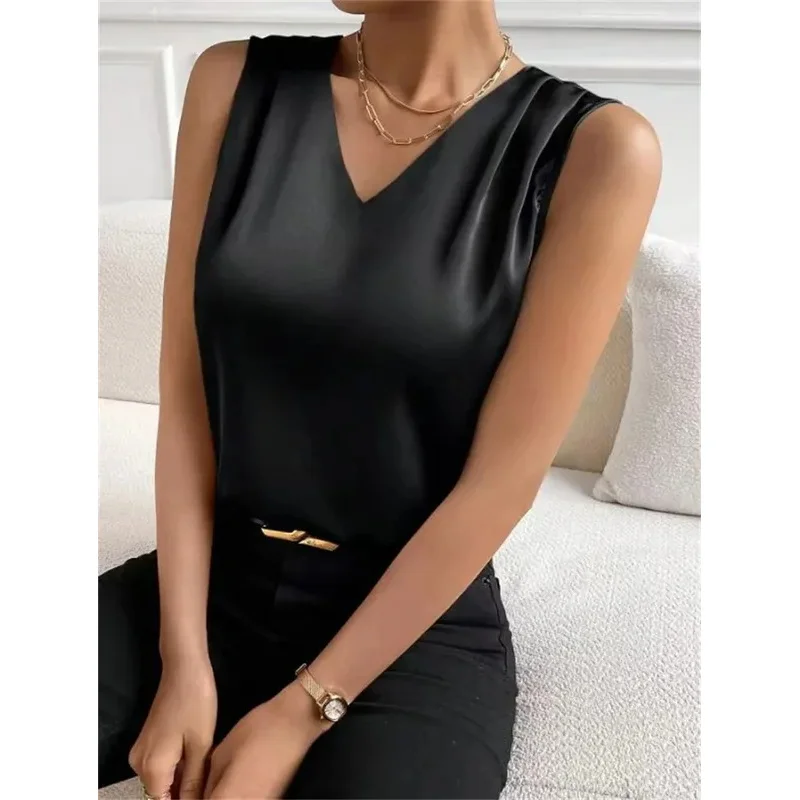 여성 조끼 우아한 기질 V넥 조끼 여름 휴가 심플 단색 패션 만능 민소매 탑