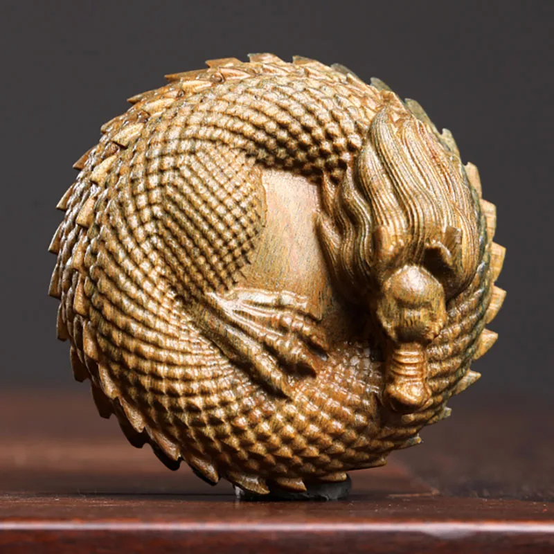 YZ258 - 7 x 7 x 4.5 CM Green Sandalwood Carving Netsuke: Dragon Bead