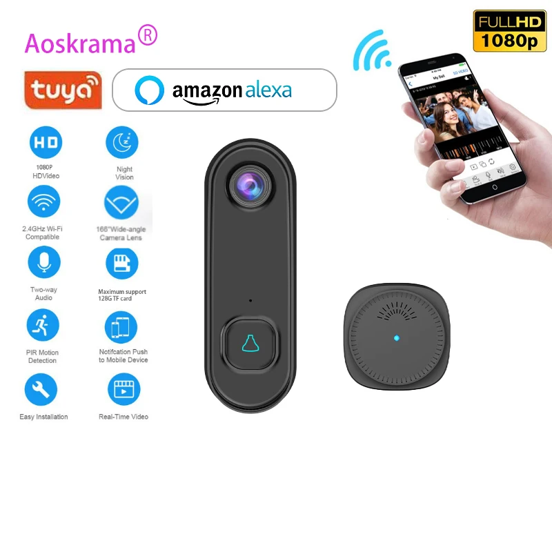 Aoskrama 1080P Tuya Wire Supply Smart Video Doorbell Waterproof Intercom Security PIR Detect Digital Outdoor Wireless Door Bell