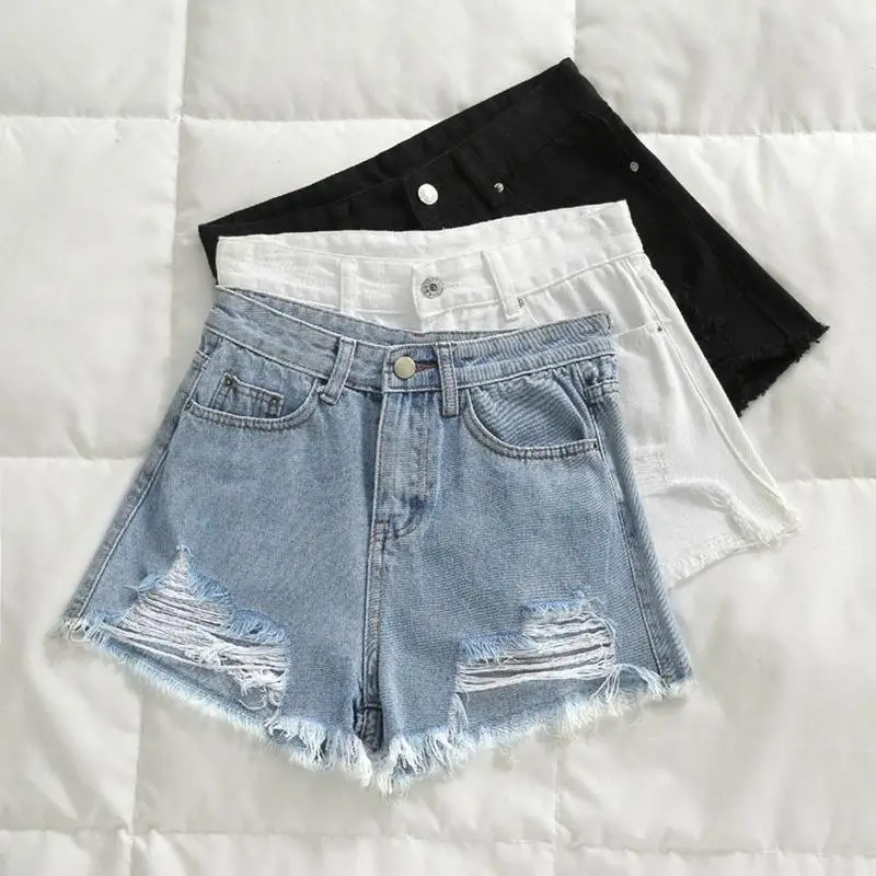 

High Waist Denim Shorts Women's Summer 2020 Korean Style Student Loose Hole Versatile Slim A-Line Pants Trendy Ins