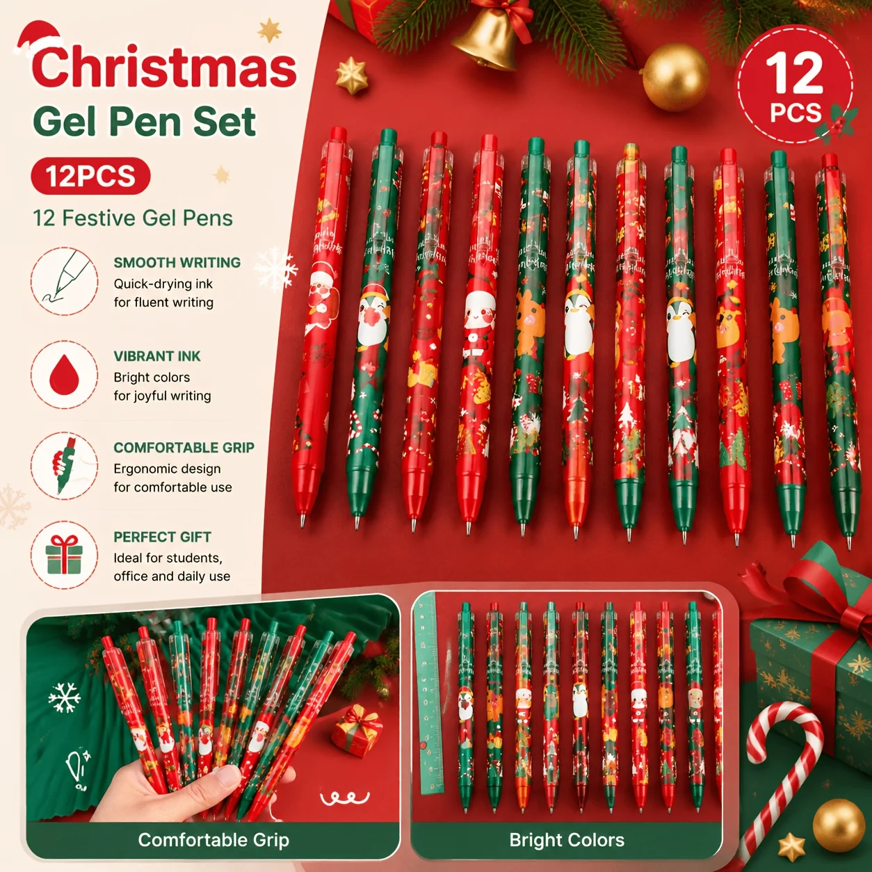 12PCS Cartoon Christmas Gel Pen Set, Random Style 0.5mm Black Ink, Quick Dry, School Office Supplies, Xmas New Year Gift