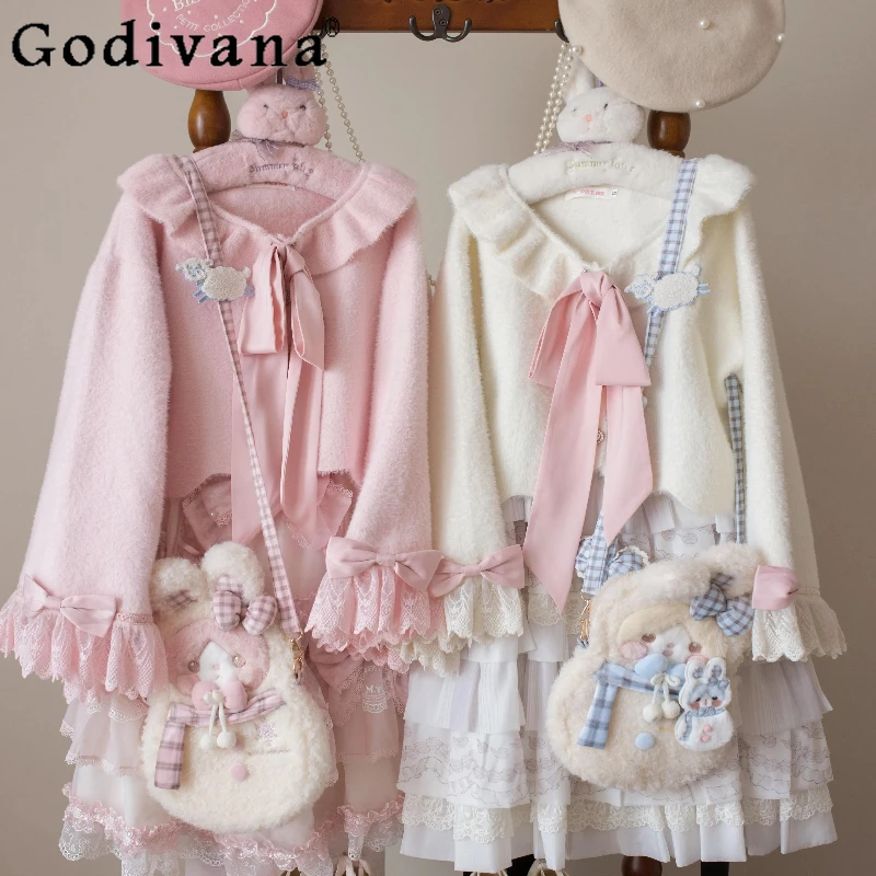 

Autumn and Winter Lolita Style Knitted Cardigan Japanese Girl Woman's Sweet Ruffle Collar Single-breasted Fluffy Knitted Jacket