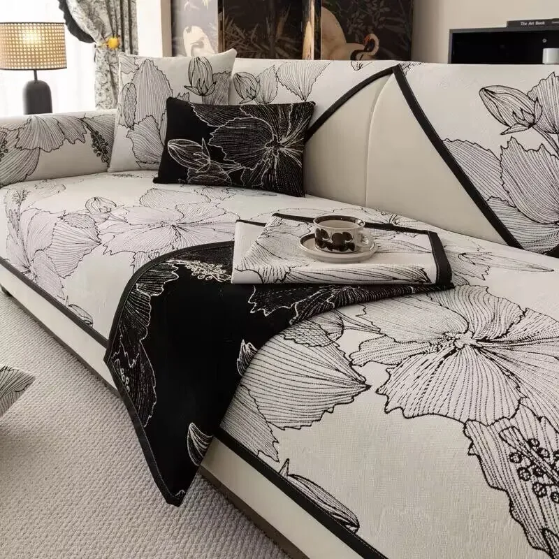 【Ready Stock】Chenille Sofa Dust Cover Printed Floral Four Seasons Universal Seat Cushion Anti-slip Handrail&Backrest Sofa Pads