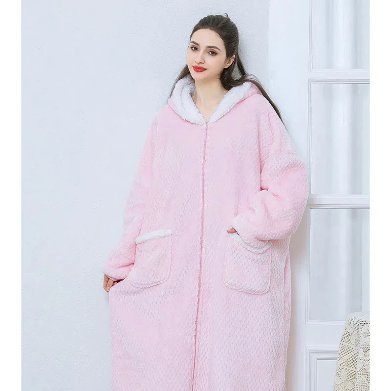 Boluoge Pullover Hooded Lazy Suit Gray Hooded Nightgown Loose Women\'s Large Pajamas Autumn and Winter Flannel Bathrobe