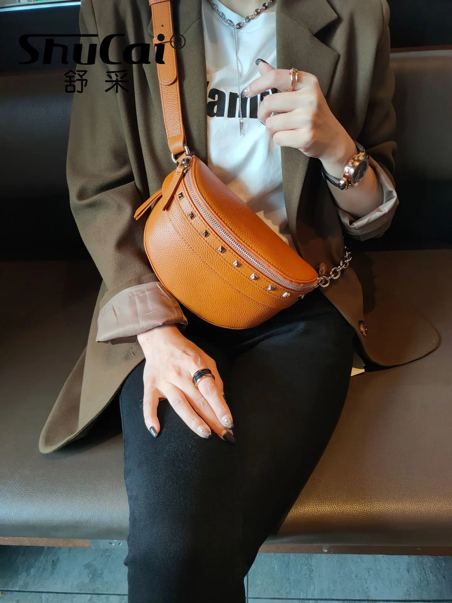 Genuine leather female Korean version soft leather chest bag ins youth willow studs crossbody waist bag for women saddle bag