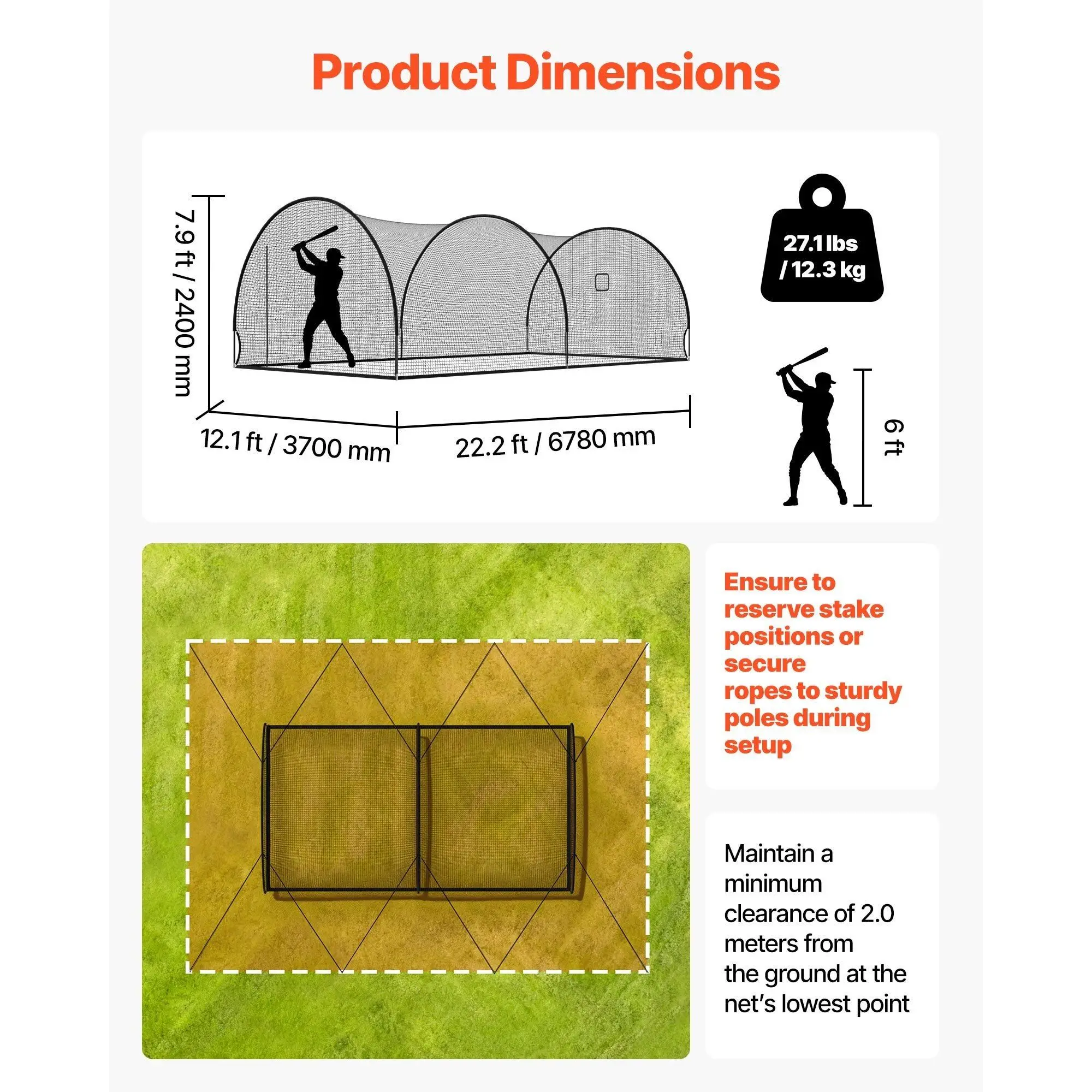 22.2 X 12.1 X 7.9 FT Freestanding Portable Batting Cage 4-Ply Knotless Polyester Training Equipment Hitting Cages for Baseball