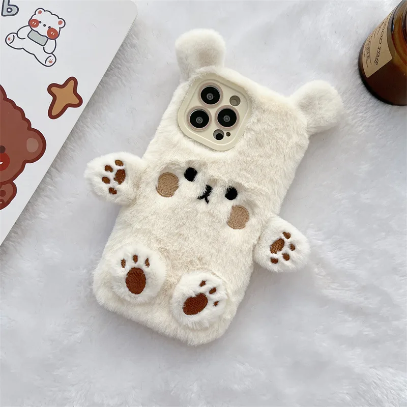 Korean 3D Cartoon Bear Fluffy Plush Couple Phone Case For iPhone 17 Air 16 15 14 13 12 11 Pro Max Shockproof Protective Cover