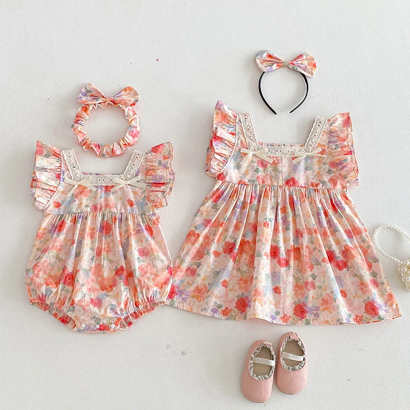 2026 New Summer Sister Clothing 2-7Yrs Baby Girl Party Dress Infant Romper Flying Sleeve Cotton Print Kids Princess Dresses