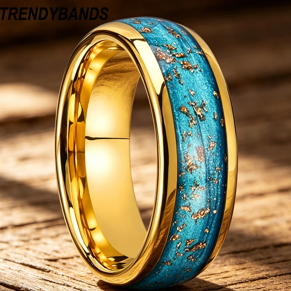 8mm Tungsten Ring for Men Women Wedding Band Blue Flowing Sand Gold Leaf Inlay Domed Polished Shiny Comfort Fit