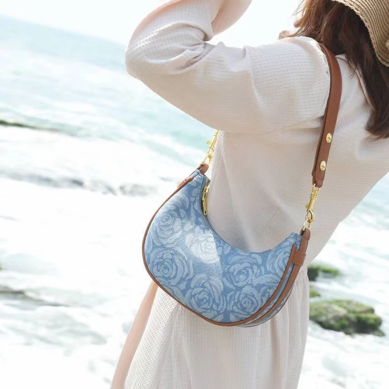 Half Moon Casual Bags For Women Luxury Designer Handbag And Purses 2024 New In Denim Embroidered Flower Small Cloth Shoulder Bag