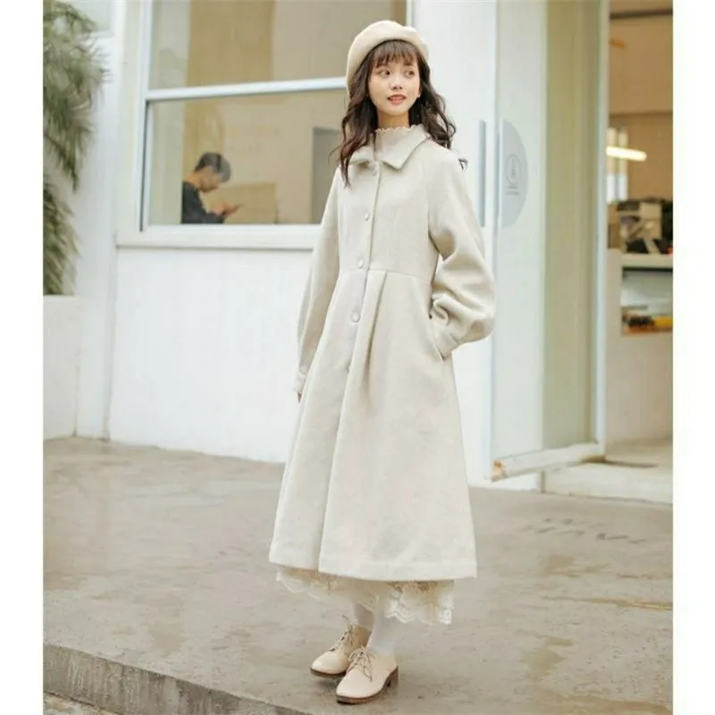 

Autumn Winter Vintage Woolen Coat Retro Sweet Lantern Sleeve Jackets Women Elegant Faux Fur Pleated Long Coat Female