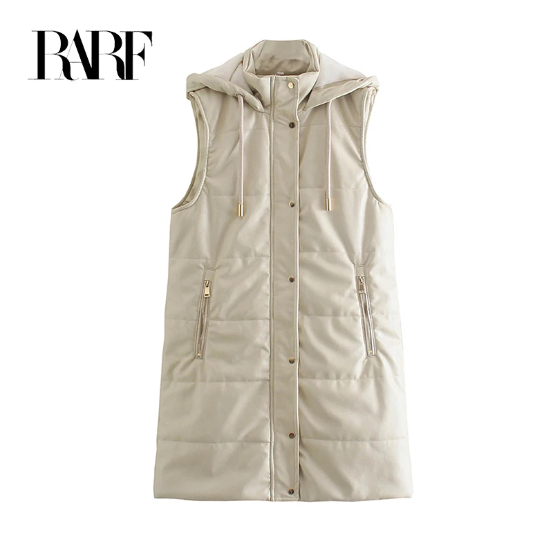 RARF 2024 Women\'s new hooded thickened warm imitation leather sleeveless zipper cotton suit vest PU vest cotton coat