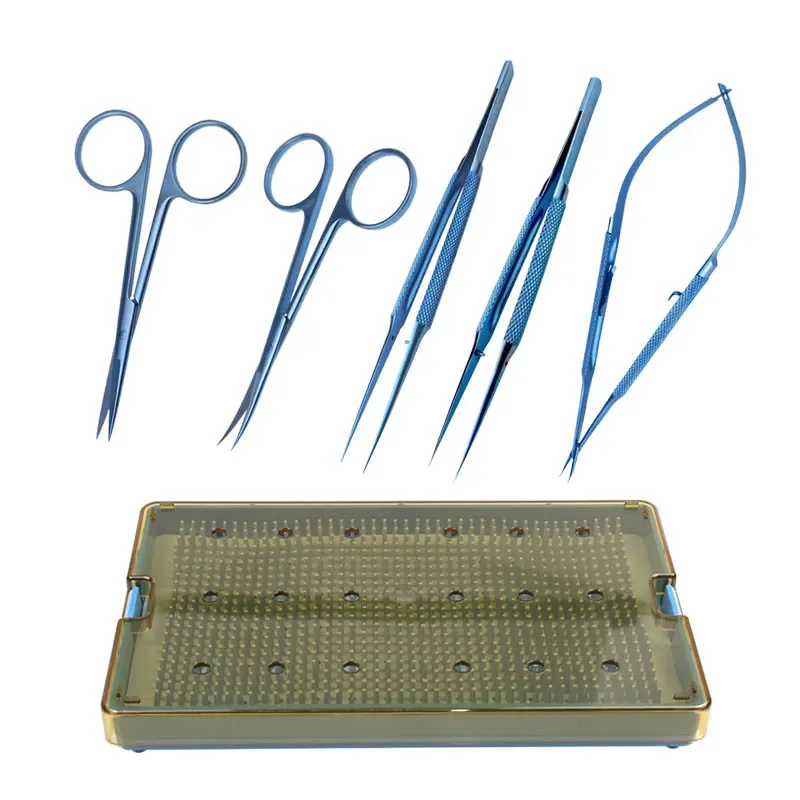 Ophthalmic Kit with Sterilization Tray Box Straight Forceps with Platform Scissors Titanium Alloy Set Straight Curved