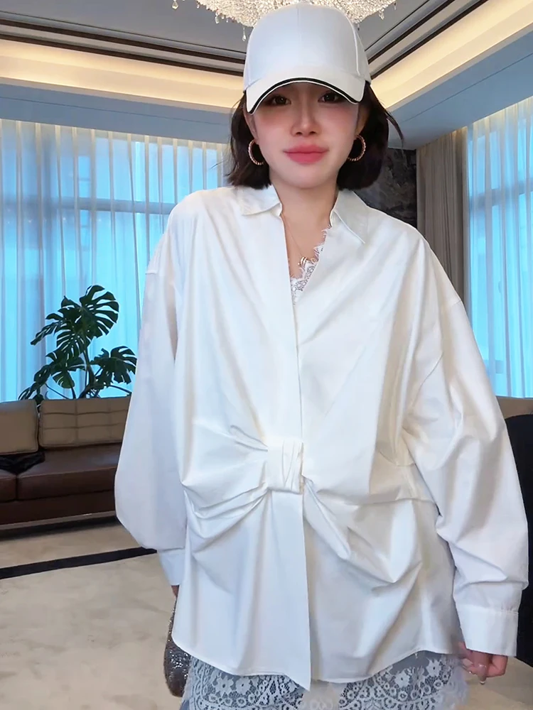 

Slimming Faionable Mixed Fiber irt with Waist Pleats And Knot Long Sve T-irt for Women MEHOMEYANG M036