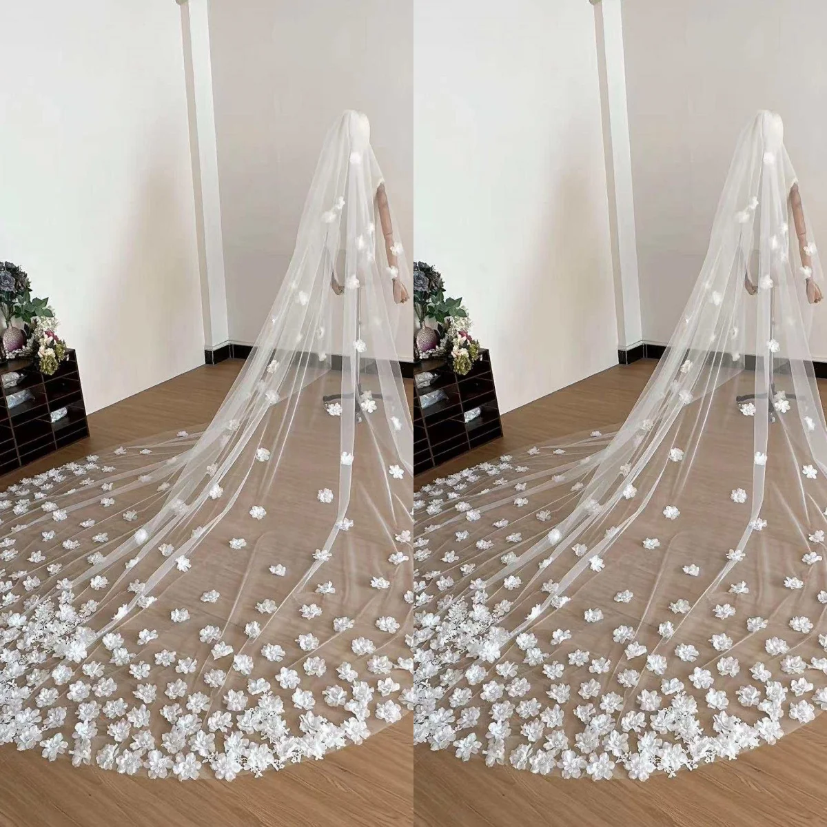 

Customized Elegant Wedding Veil Sequins Appliques One Layer Long Cathedral Length Veils Applique Edge Bride Accessories