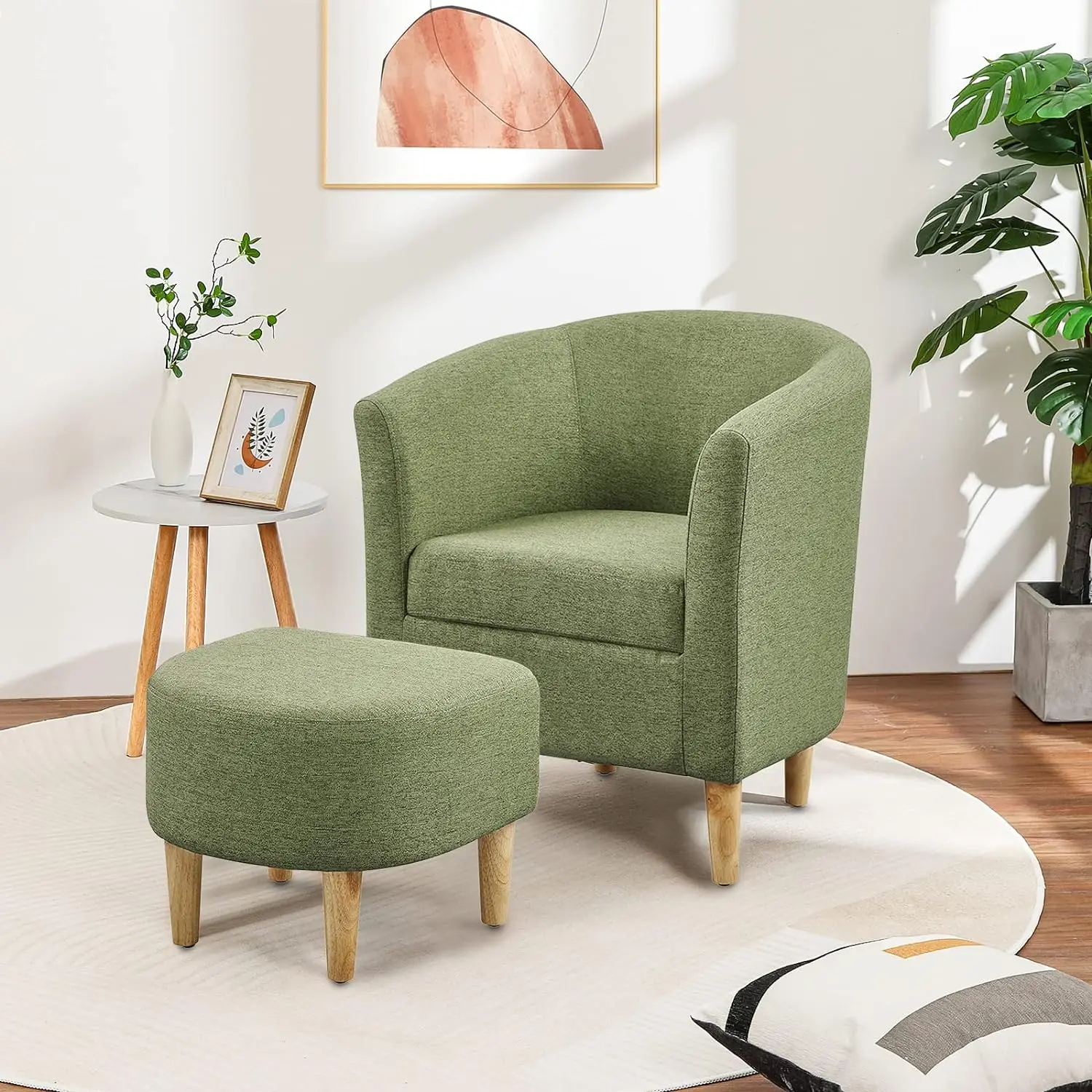 Set of 2 Modern Accent Chairs with Ottoman, Green Upholstered Barrel Armchairs for Living Room or Bedroom