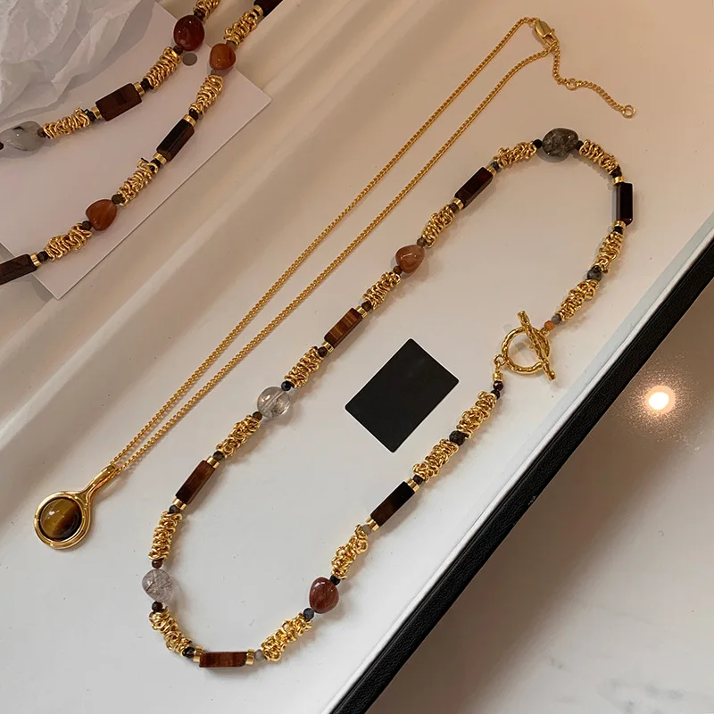 Retro Layered Tiger Eye Stone Pendant Necklace for Women Geometric Irregular Beads  Chain Necklace Collarbone Jewelry Gifts